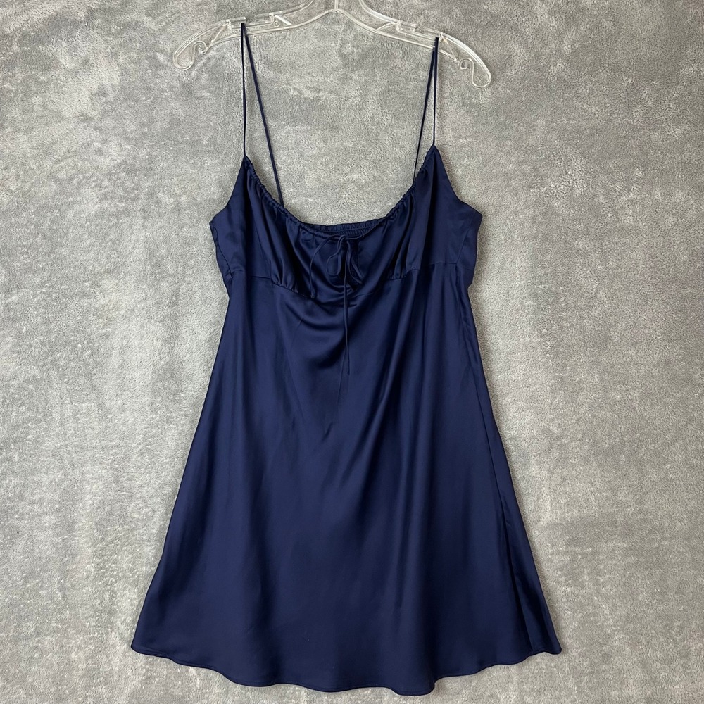 Victorias Secret Pink Slip Dress Chemise Womens L Navy Blue Silky NWT